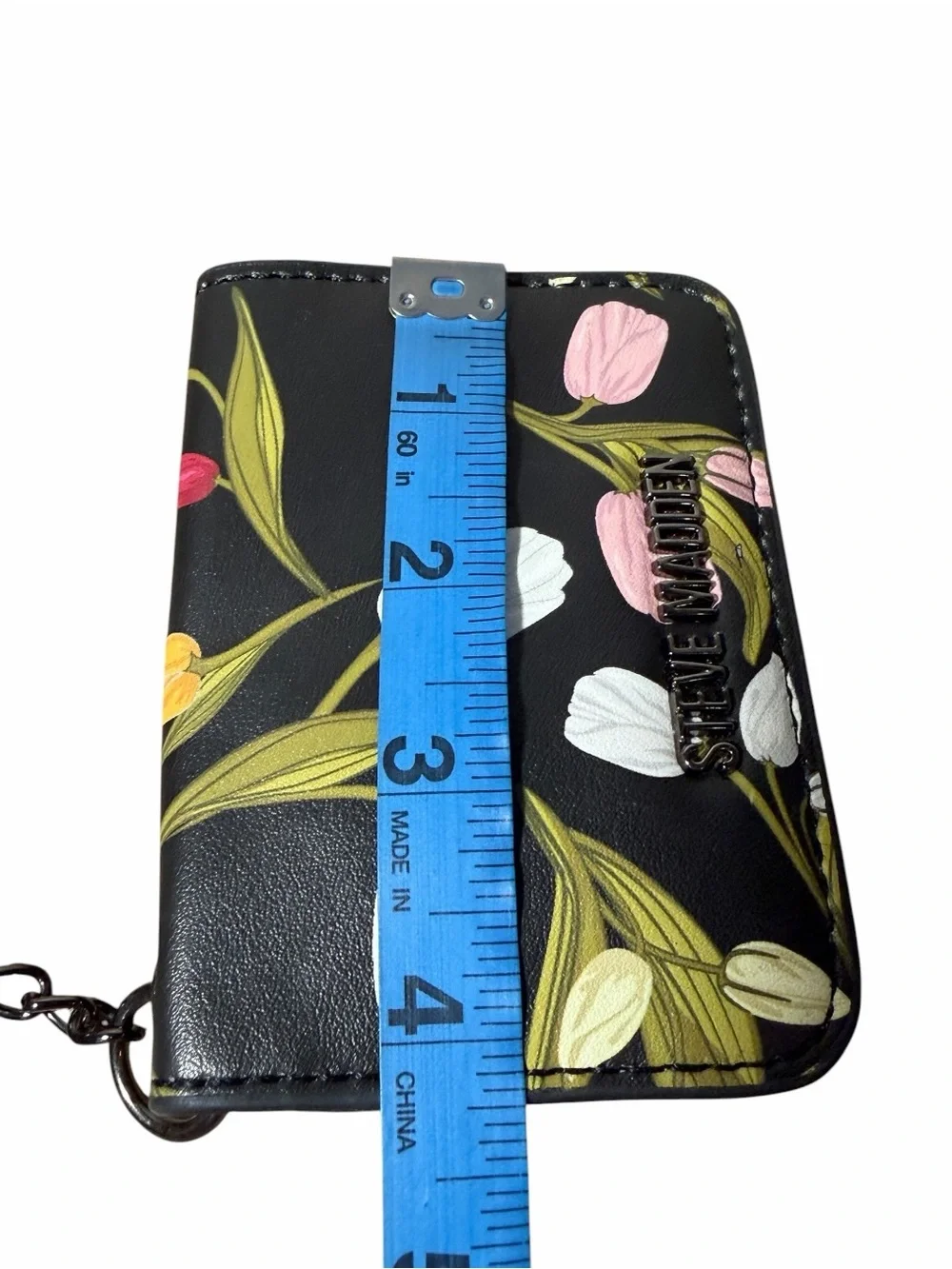 Steve Madden Black Floral Key & Card Holder with Pink and White Tulips